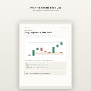 Op de afbeelding: Een digitaal document getiteld WHAT THE CHARTS LOOK LIKE, met een sectie over Entry, Stop Loss & Take Profit. Het toont een candlestick-grafiek met rode en groene balken, geannoteerd met FVG zone, entry, stop loss en take profit niveaus.