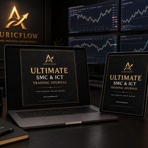 Op de afbeelding: Een laptop en tablet tonen het Ultimate SMC & ICT Trading Journal met gouden tekst op een zwarte achtergrond. Een bijpassende zwarte mok en notitieboek met het Auricflow-logo staan ernaast, samen met meerdere monitoren met beursgrafieken.