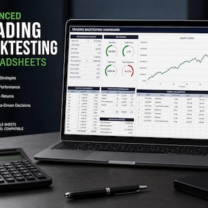 Könnte beinhalten: Ein Laptop zeigt ein Trading-Backtesting-Dashboard mit Leistungskennzahlen, einem Equity-Curve-Diagramm und einem Handelslogbuch. Neben dem Laptop liegen ein schwarzer Taschenrechner, ein Stift und ein Notizbuch auf dem Tisch.