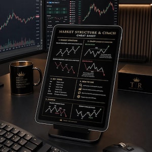 May include: A tablet on a stand displaying a Market Structure and CHoCH cheat sheet with financial trading diagrams and text. The screen shows sections for market structure, change of character, key terms, and usage instructions on a dark background.