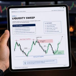 Op de afbeelding: Een digitale tablet met een pagina uit een handelsgids getiteld Model 2 Liquidity Sweep. Het scherm toont een candlestick-grafiek met annotaties voor gelijke hoogtepunten, liquiditeits-sweeps, premium zones en verschuivingen in de marktstructuur.