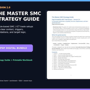 Peut inclure: Le Master SMC Strategy Guide Version 2.0 est un ensemble numérique de 2 PDF présentant 10 configurations de trading basées sur des règles. Le document comprend un avis éducatif, une table des matières et un cahier d'exercices imprimable.