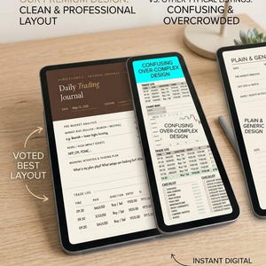Könnte beinhalten: Ein Tablet zeigt ein digitales Trading-Journal mit sauberem, professionellem Layout, im Gegensatz zu einem Telefon mit einem verwirrenden Design. Der Text enthält "Daily Trading Journal" und "Instant Digital Download."