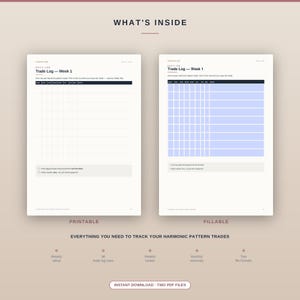 May include: Two pages of a trade log planner titled What's Inside. The left page is a printable version with a white grid, and the right page is a fillable version with a light blue grid. Both pages feature headers for daily logs, trade details, and notes.