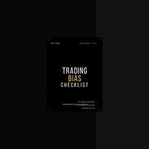 Könnte beinhalten: Ein schwarzes Quadrat mit den Worten "TRADING BIAS CHECKLIST" in weißer und goldener Schrift. Die Wörter "PRE-TRADE" und "AMC SYSTEM NO.3" stehen oben. Zusätzlicher Text ist unten zu sehen.
