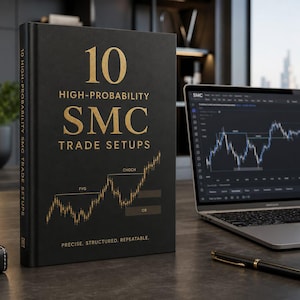 May include: A black hardcover book titled 10 High-Probability SMC Trade Setups with gold lettering and a gold stock market graph on the cover. The text reads 10 High-Probability SMC Trade Setups and Precise. Structured. Repeatable. with FVG, CHOCH, and CO labels.