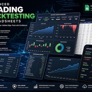 May include: Advanced trading backtesting spreadsheets for Google Sheets featuring a dark interface with multiple digital dashboards, performance metrics, equity curves, trade logs, and strategy settings displayed on screens with green and red data visualizations.