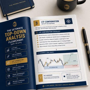Könnte beinhalten: Ein aufgeschlagenes Buch mit dem Titel The Ultimate Top-Down Analysis Flowchart mit dunkelblauem Einband, einer schwarzen Kaffeetasse mit goldenem Logo und einem schwarzen Stift. Die Seiten zeigen Finanzcharts, Checklisten und Text.