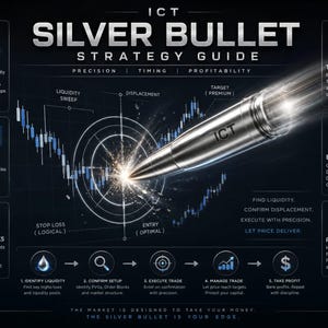 May include: A dark-themed ICT Silver Bullet strategy guide infographic featuring a metallic bullet graphic, a central target, and financial trading concepts including liquidity, FVG, order blocks, timing, execution, and profitability with text.