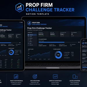 May include: A digital Prop Firm Challenge Tracker Notion template displayed on a tablet, laptop, and smartphone. The dark-themed interface features blue accents, data charts, trading summaries, and progress bars for monitoring financial trading goals.