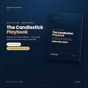 May include: A dark blue digital guide titled The Candlestick Playbook, featuring white and gold text. It includes sections for 11 key patterns, a visual guide, and an instant PDF download. The cover displays the text Price Action Smart Money.