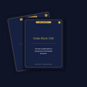 Può includere: Una carta educativa rettangolare blu scuro con bordi e testo dorati. La carta presenta l'intestazione SMC CONCEPTS, il numero 1 e il titolo Order Block (OB). Sotto c'è il testo: The last candle before a strong move that breaks structure. In basso: AURICFLOWCO | TRADING EXCELLENCE.