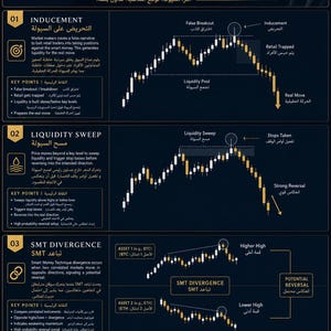 May include: An educational infographic titled Advanced Liquidity Concepts by AuricFlowCo. It features three sections: Inducement, Liquidity Sweep, and SMT Divergence, using candlestick charts to illustrate market movements, key points, and trading terminology.