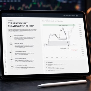 May include: A tablet displaying a digital guide titled The Silver Bullet Strategy: Step-by-Step. The screen shows a five-step trading process, a financial chart with price action, liquidity sweep, and displacement labels, and a white stylus below.