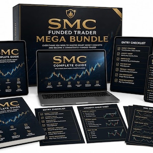 Op de afbeelding: Een verzameling educatieve materialen voor handel genaamd SMC Funded Trader Mega Bundle, inclusief een laptop, tablets en gedrukte gidsen met gouden tekst op zwarte achtergronden, beursgrafieken en checklists voor handelsconcepten.