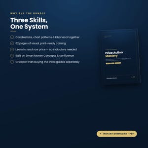May include: A dark blue digital product bundle titled Price Action Mastery. The text lists features including 62 pages of visual training, candlestick and Fibonacci analysis, and Smart Money Concepts. Includes an instant download PDF button.