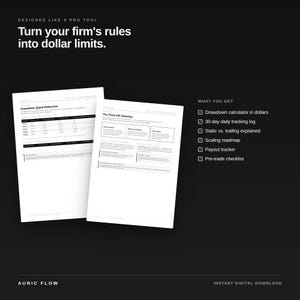 May include: Two white pages of a financial document titled Drawdown Quick-Reference and The Three Kill Switches. The text reads Turn your firm's rules into dollar limits. A list includes Drawdown calculator, 30-day tracking log, scaling roadmap, payout tracker, and pre-trade checklist.