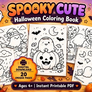 May include: A digital Halloween coloring book titled Spooky Cute featuring 20 unique pages. The cover displays black and white line art of ghosts, pumpkins, and bats. Text includes Spooky Cute Halloween Coloring Book, Digital Download 20 Unique Pages, and Ages 4+ Instant Printable PDF.