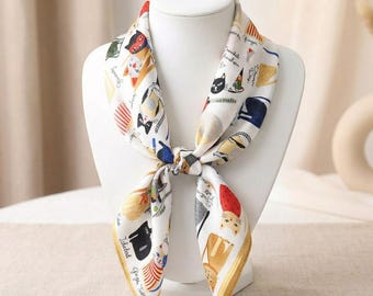 100％桑シルクスカーフ、猫柄シルクサテン高級オーガニックスカーフ、53x53cm女性用高級スカーフ、正方形シルクネッカチーフ