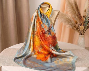 100％ピュアマルベリーシルクスカーフ、大きな油絵アートプリントシルクショール、ピュアシルクサテンラップ、ユニークな女性へのギフト