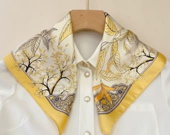 金色の花柄プリントが施された100％マルベリーシルクのスカーフ、女性用純シルクネッカチーフ、小さなバンダナギフト