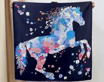 100％桑蚕シルクスカーフ、魔法の黒馬の絵柄オーガニックスカーフ、黒シルクサテンショール、女性への純シルクギフト