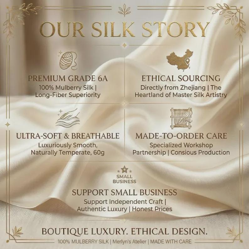 May include: An informational graphic titled OUR SILK STORY on a cream-colored silk background. It details 100% Mulberry Silk features: Premium Grade 6A, ethical sourcing from Zhejiang, ultra-soft, breathable, 60g weight, and made-to-order care.