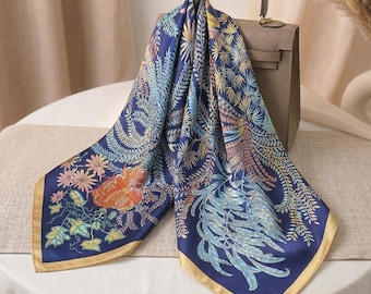100％ピュアマルベリーシルクスカーフ、蝶柄シルクスカーフ（女性用）、68×68cmオーガニックスクエアシルクサテンスカーフ