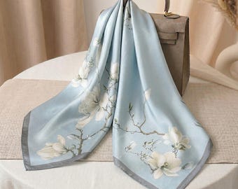 100％ピュアマルベリーシルクスカーフ、高級花柄シルクサテンスカーフ、女性用オーガニックスクエアシルクバンダナ