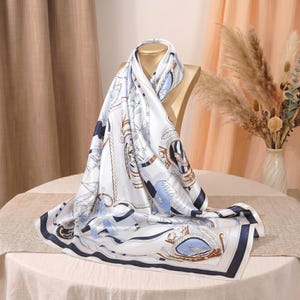100% Mulberry silk scarf, Blue Lotus floral scarf print, Luxury silk shawl for women, Pure silk gift image 1