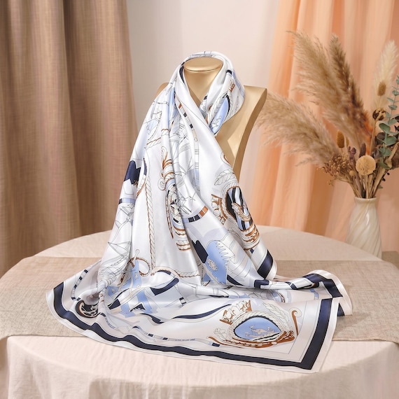 100% Mulberry silk scarf, Blue Lotus floral scarf print, Luxury silk shawl for women, Pure silk gift