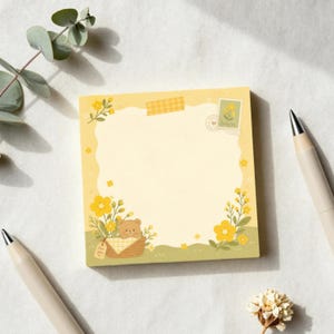 Yellow Teddy Bear Picnic Sticky Note Pads | Yellow Floral Sticky Notes, Vintage Cottagecore, Kawaii Stationery