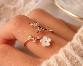 Birth Flower Ring | 925 Sterling Silver Sakura Ring | Mother of Pearl Jewelry | Adjustable Rose Gold Band | Personalized Birthstone Gift