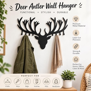 May include: A black metal wall hanger shaped like a deer head with antlers, featuring multiple hooks along the bottom. The text Deer Antler Wall Hanger is displayed above, with icons and text describing features like Premium Metal Material and Laser Cut Precision.