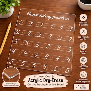Può includere: Una tavoletta per la pratica della scrittura in acrilico trasparente con il testo Handwriting practice e righe di numeri da uno a cinque con linee tratteggiate per ricalcare. La tavoletta ha bordi arrotondati ed è cancellabile a secco.
