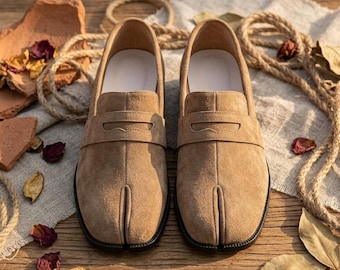 Brown Stylish Tabi Shoes Split Toe Leather Chunky Heel Japanese Minimalist Loafers