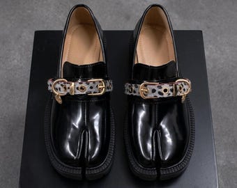 Stylish Tabi Shoes Black Patent Leopard Strap Split Toe Block Heel Japanese Streetwear