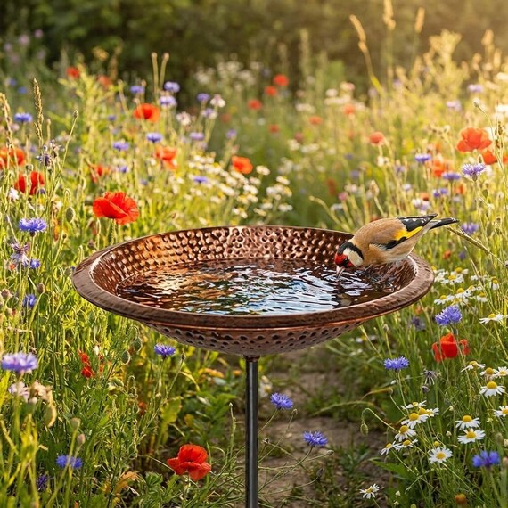 Copper Hammered Bird Bath with Stand – Freestanding Outdoor Bird Bowl, Weatherproof Garden Feeder, Rustic Patio Yard Decoration