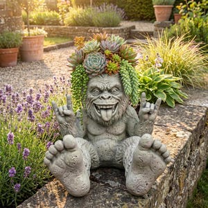 Bigfoot Garden Planter Pot, Funny Sasquatch Plant Holder, Rock On Yeti Outdoor Decor, Quirky Resin Succulent Planter, Funky Patio