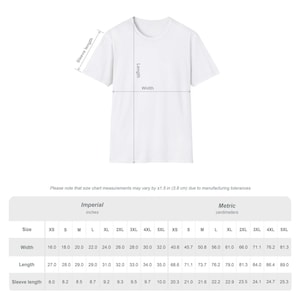 May include: A plain white t-shirt displayed with a size chart showing width, length, and sleeve length measurements in inches. The chart lists sizes from XS to 5XL, noting that measurements may vary by plus or minus 1.5 inches due to manufacturing.