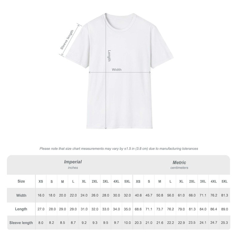 May include: A plain white t-shirt displayed with a size chart showing width, length, and sleeve length measurements in inches. The chart lists sizes from XS to 5XL, noting that measurements may vary by plus or minus 1.5 inches due to manufacturing.