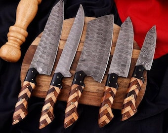 Hand-Forged Damascus Steel Chef Set | 5 Piece Set With Leather Sheath |  Gift For Chefs