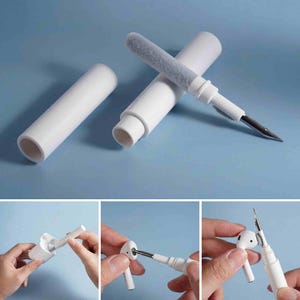May include: White earbud cleaning tool with a brush, metal tip, and storage tube. The tool is designed for cleaning earbuds and comes with a soft brush for removing dust and debris. The metal tip is for cleaning hard-to-reach areas.