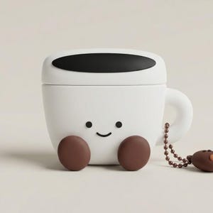 May include: A white silicone protective case for wireless earbuds shaped like a coffee mug. The case features a black oval top, a small handle, two brown circular feet, and a simple black printed face with two eyes and a curved smiling mouth.