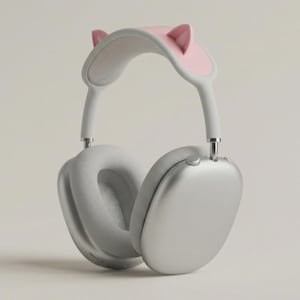 Könnte beinhalten: Silberne Kopfhörer mit grauen Ohrmuscheln und einem rosa Katzenohren-Stirnband. Die Kopfhörer haben ein schlankes, modernes Design. Die Ohrmuscheln sind weich und gepolstert, das Stirnband ist verstellbar.
