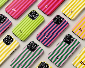 Funda personalizada para teléfono, funda con nombre personalizado: iPhone 17, 16, 15 Pro Max, funda con iniciales, Samsung Galaxy S25, funda a rayas.