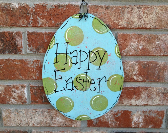 Whimsical Green and Aqua Polka Dot Easter Egg Door Hanger Wooden Easter