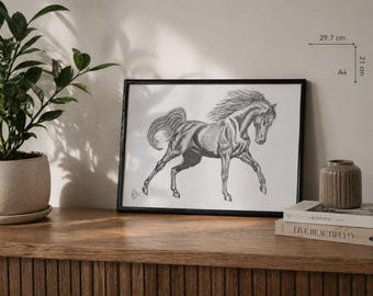 Dibujo original de caballo a grafito tamaño A4 / Arte a lápiz hecho a mano / Enmarcado