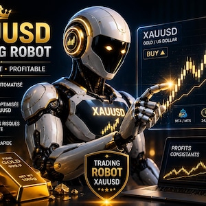 May include: A white and gold robotic figure points to a glowing digital chart showing XAUUSD gold price trends. The image features text including XAUUSD TRADING ROBOT, SMART FAST PROFITABLE, and gold bars labeled FINE GOLD 999.9, alongside a laptop screen.