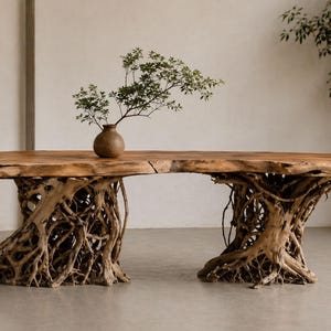 May include: A large wooden table with a live edge top. The base is made of intertwined, exposed roots. A small, brown vase with greenery sits on the table. The table is approximately 3 metres long.